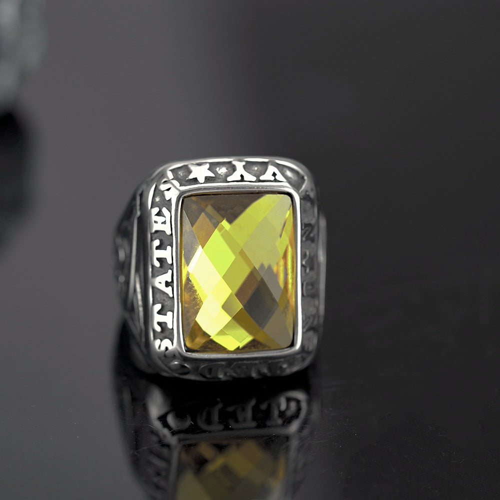 Vintage Solid Stainless Steel Inlaid Yellow Cubic Zirconia Engraved Symbol Wide Signet Ring for Men