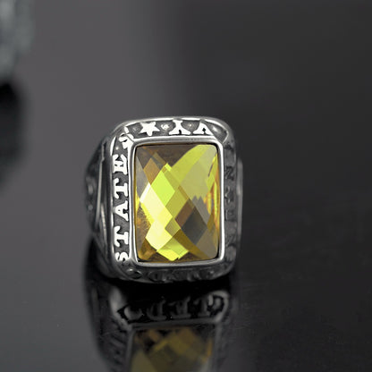 Vintage Solid Stainless Steel Inlaid Yellow Cubic Zirconia Engraved Symbol Wide Signet Ring for Men