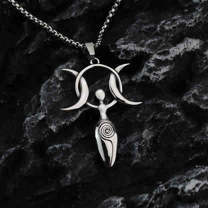 Vintage Stainless Steel Men's 3D Moon Star Goddess Pendant Necklace for Men