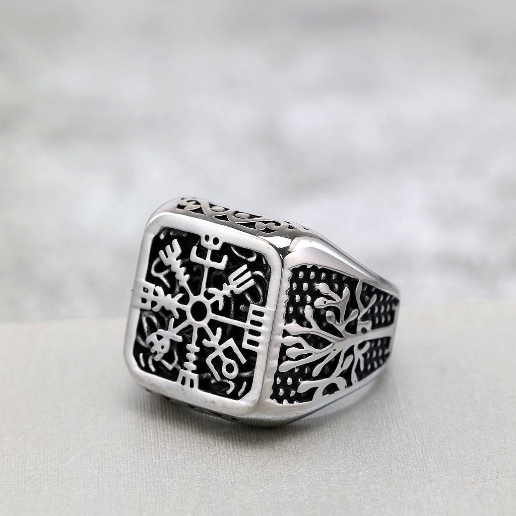 Vintage Nordic Solid Stainless Steel Tree of Life Compass Square Signet Ring for Men