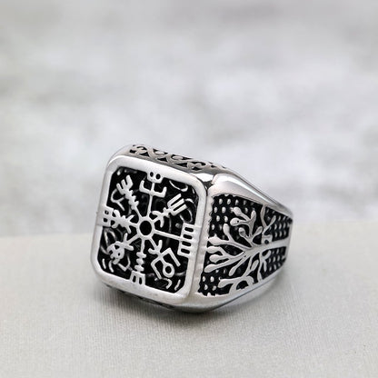 Vintage Nordic Solid Stainless Steel Tree of Life Compass Square Signet Ring for Men