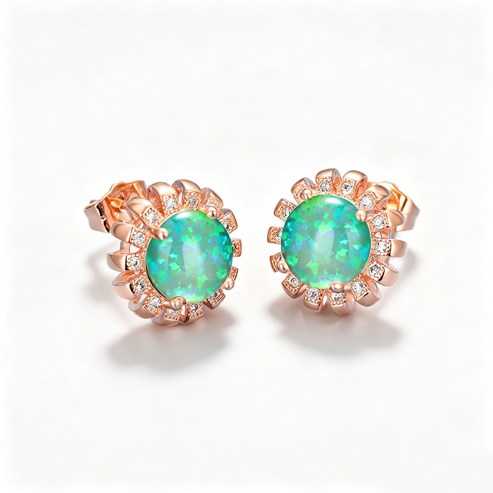 Women's Sunflower‑Shape Round Multi‑Color Opal With Zirconia Accent Stud Earrings, with Rose Gold Plating