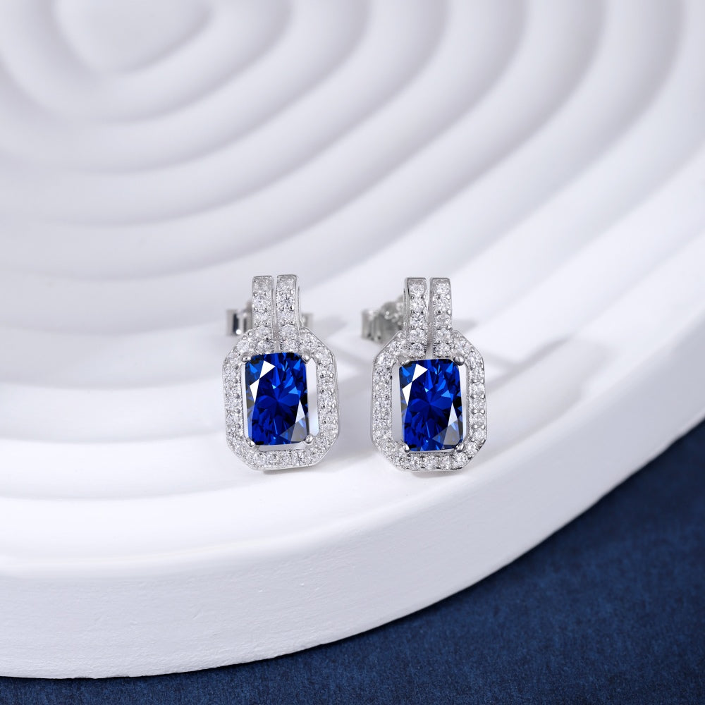 Women's Geometric Frame Stud Earrings, Rectangular Blue Sapphire, Round Zirconia Halo Setting, S925 with White Gold Plating