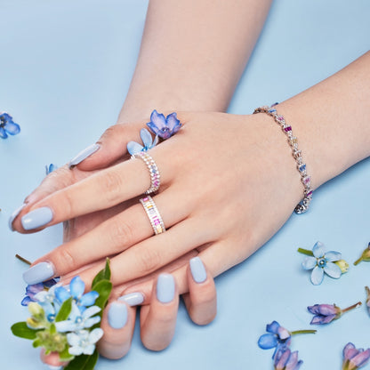 Women's Delicate Adjustable Bracelet, Multicolor Baguette Zirconia Arranged Inlay, S925 with White Gold Plating