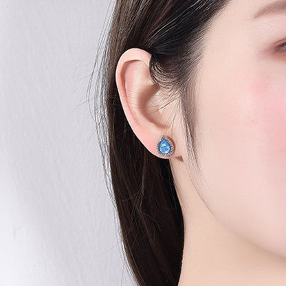 Women's Exquisite Pear‑Shape Halo Paved Zirconia Blue / White Opal Stud Earrings, with White Gold Plating