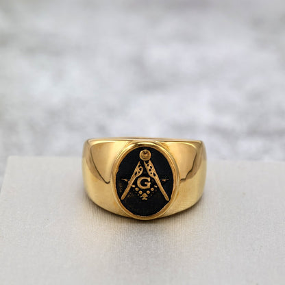 Vintage Gold Plated Stainless Steel AG Masonic Round Ring for Men Black Polished Background