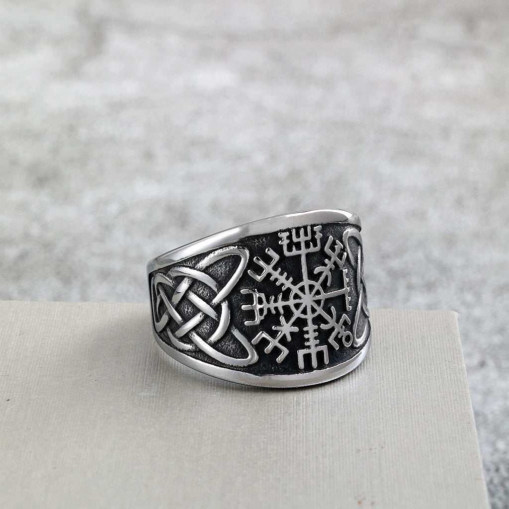 Vintage Solid Stainless Steel Viking Compass Rune Ring for Men