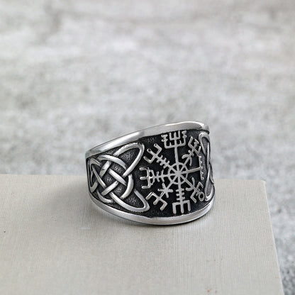 Vintage Solid Stainless Steel Viking Compass Rune Ring for Men