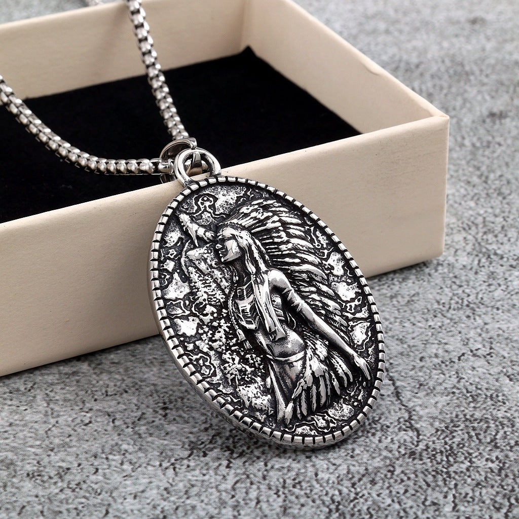 Vintage Stainless Steel Double Sided Native American Pendant Necklace for Men
