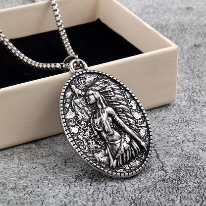 Vintage Stainless Steel Double Sided Native American Pendant Necklace for Men