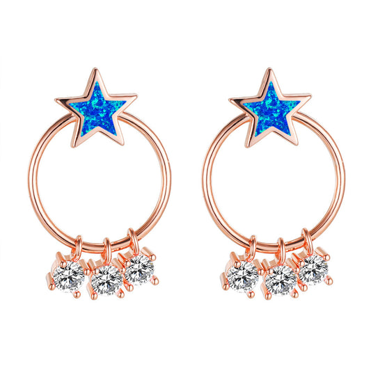 Women's Circle‑Hoop Star Blue & White Opal Dangle Zirconia Stud Earrings, White Gold Plating & Rose Gold Plating
