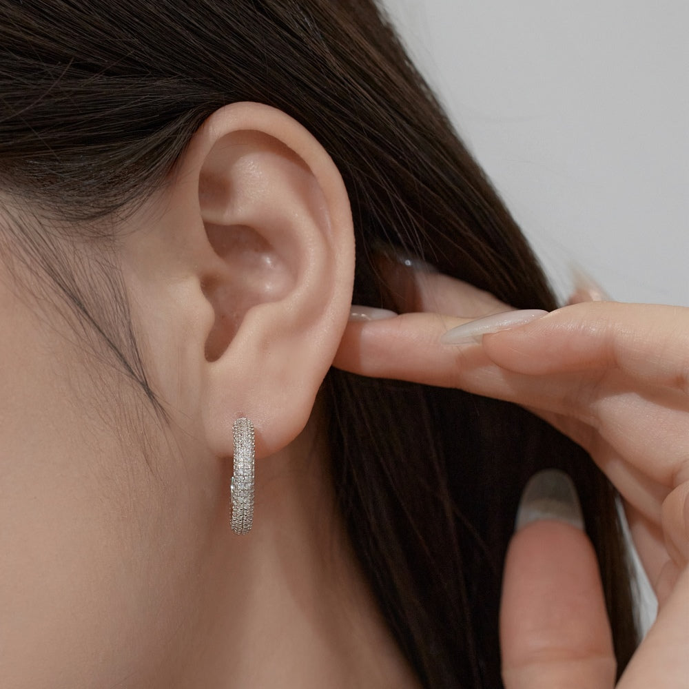 Women's Delicate 15 mm Round Huggie Earrings, Full Paved Round Zirconia, S925 with White Gold Plating