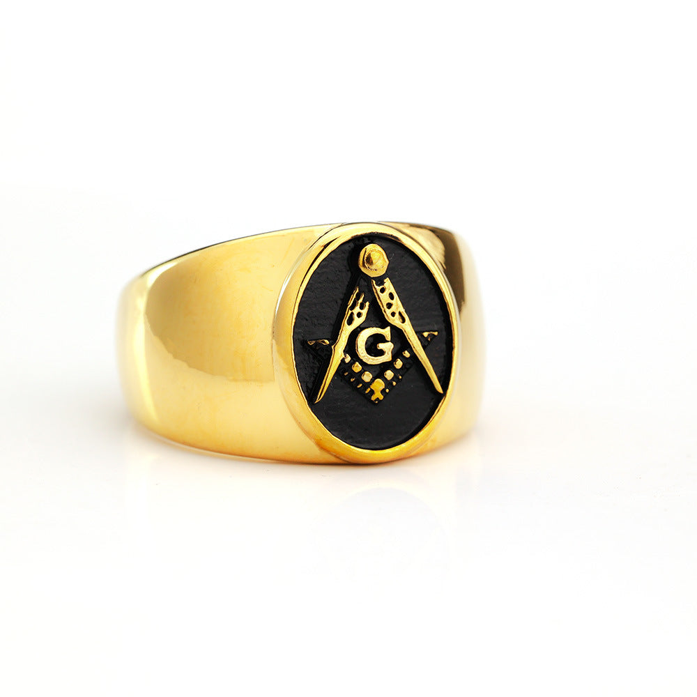 Vintage Gold Plated Stainless Steel AG Masonic Round Ring for Men Black Polished Background