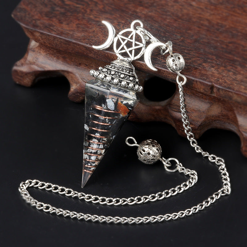 Three-phase moon seven-colored crushed stone resin crystal hexagonal pyramid spirit pendulum
