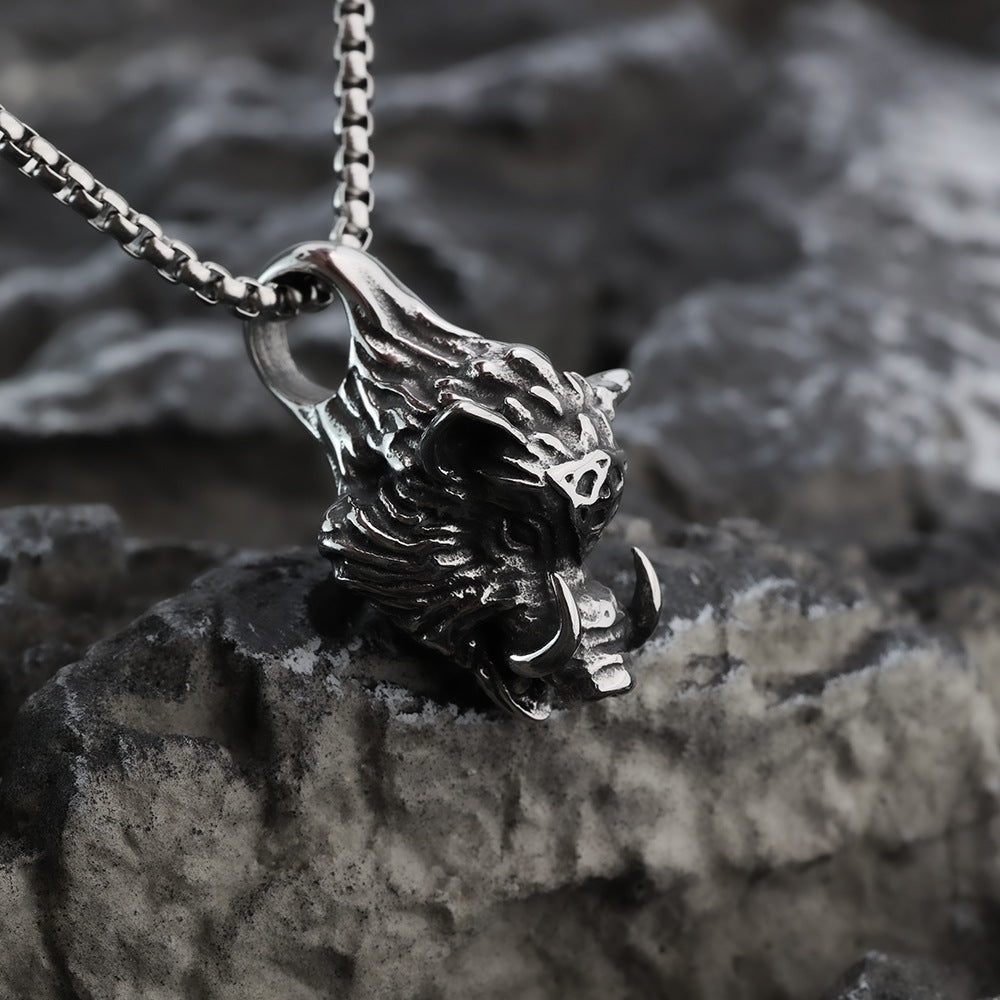 Mens Steel 3D Wild Boar Pendant Necklace