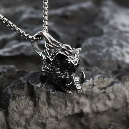 Mens Steel 3D Wild Boar Pendant Necklace