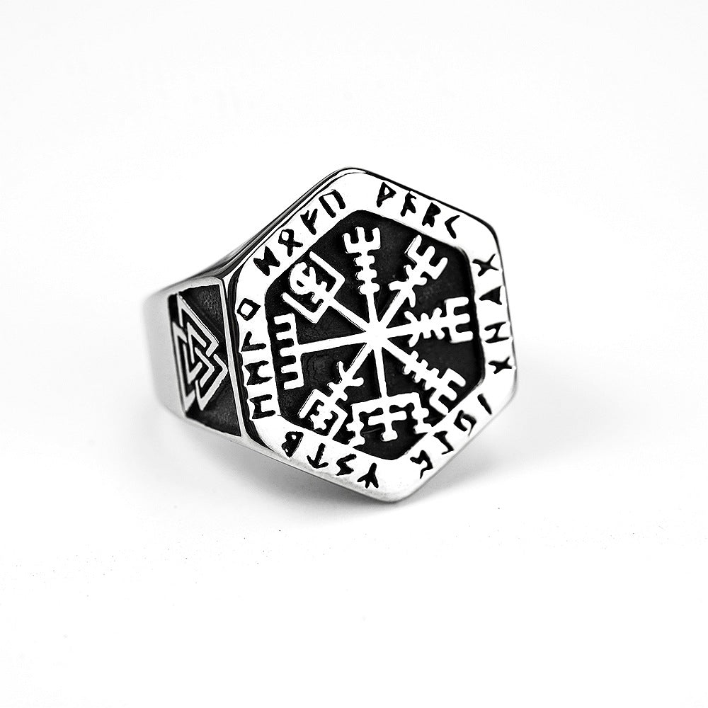Vintage Antique Oxidized Solid Stainless Steel Norse Viking Helm of Awe Rune Hexagon Signet Band Ring for Men