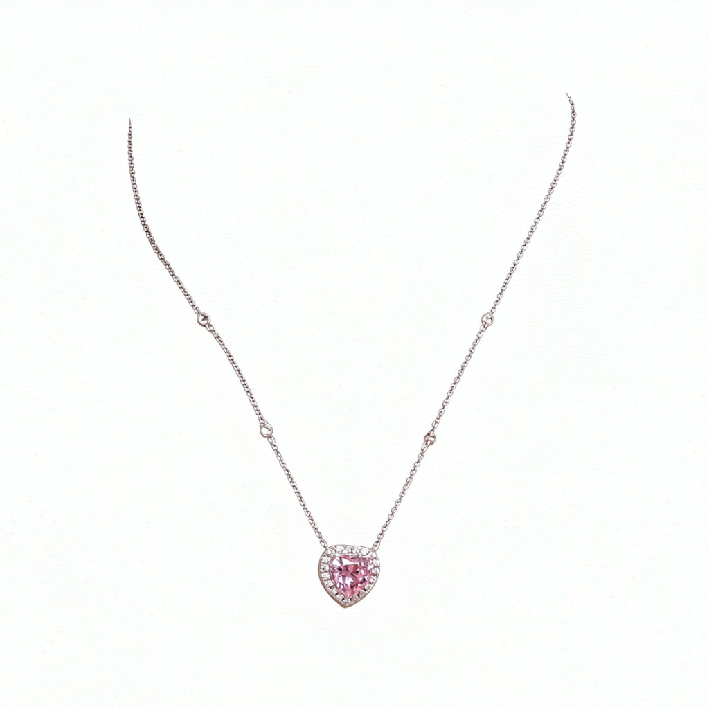 S925  Necklace, Inlaid Pink Heart & White Round CZ, Niche Exquisite Fashion Jewelry