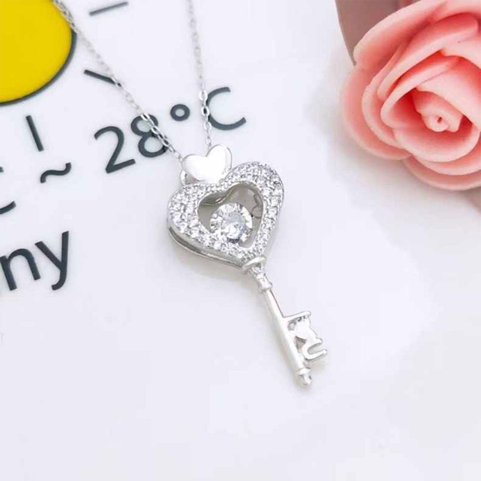 Women's White Gold Heart Key Shape Full Stones Beating Heart Pendant
