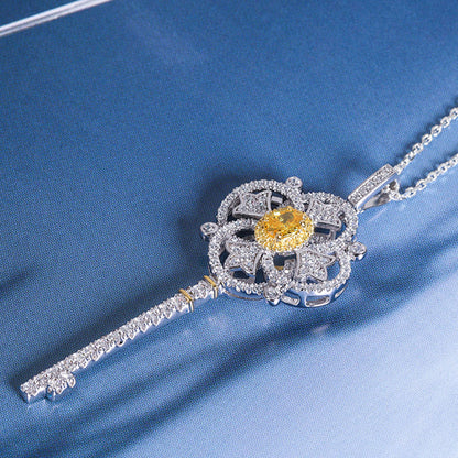 Women's White Gold Yellow Sapphire Four-leaf Clover Key Shape Pendant