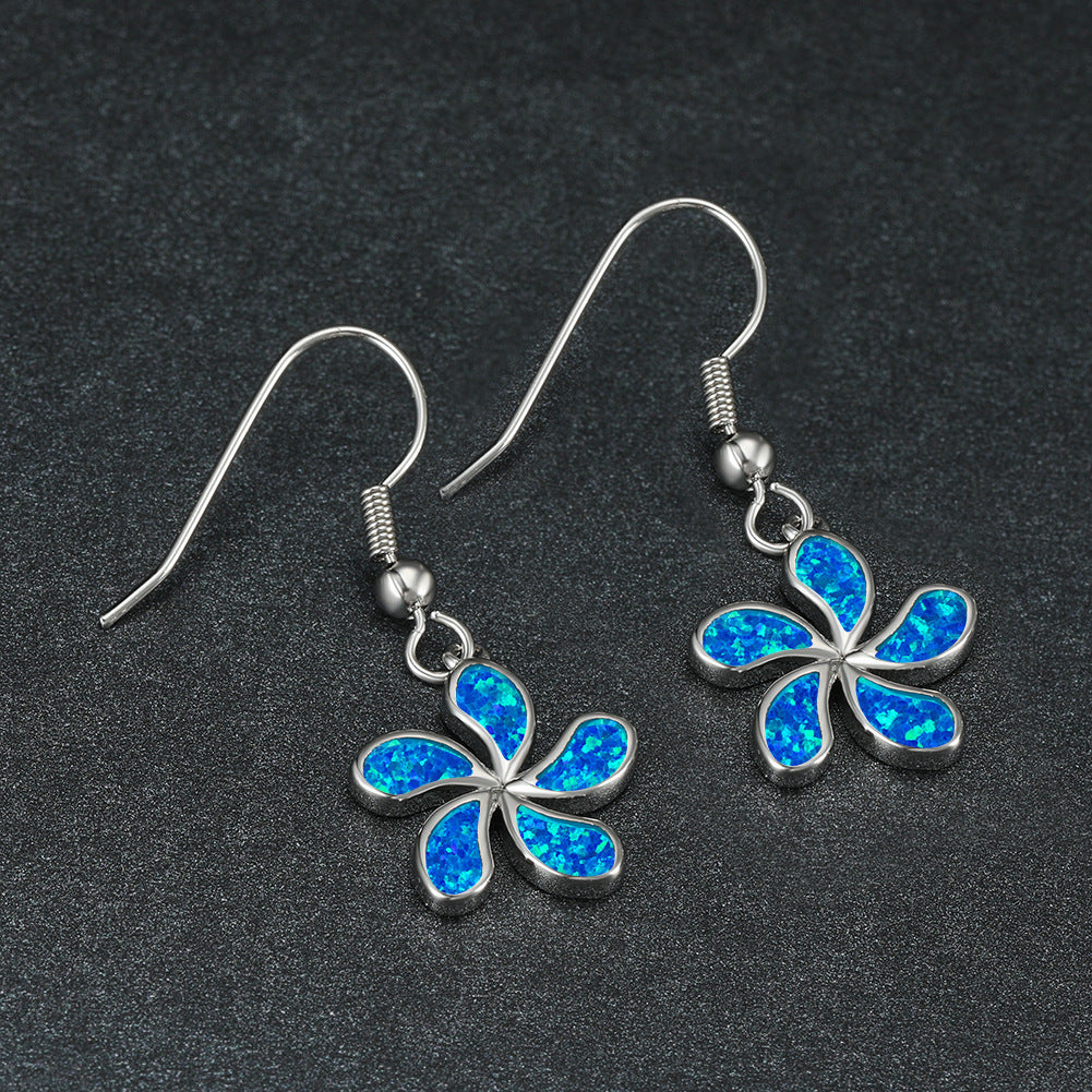 Women's Five‑Petal Flower Blue Opal Fish Hook Dangle Earrings, with White Gold Plating