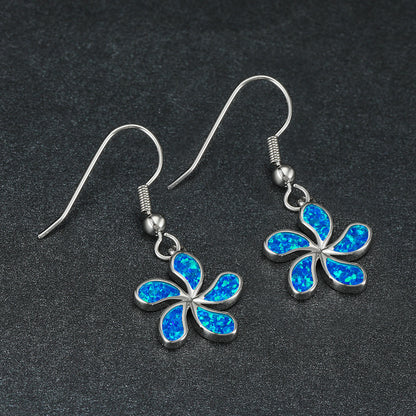 Women's Five‑Petal Flower Blue Opal Fish Hook Dangle Earrings, with White Gold Plating