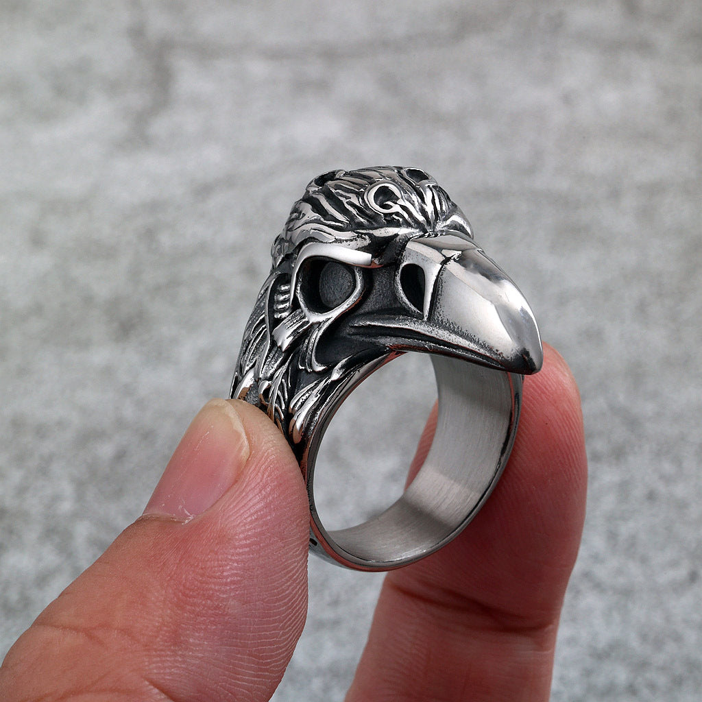 Vintage Solid Stainless Steel 3D Raven Skull Head Band Ring for Men