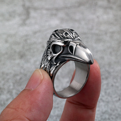 Vintage Solid Stainless Steel 3D Raven Skull Head Band Ring for Men