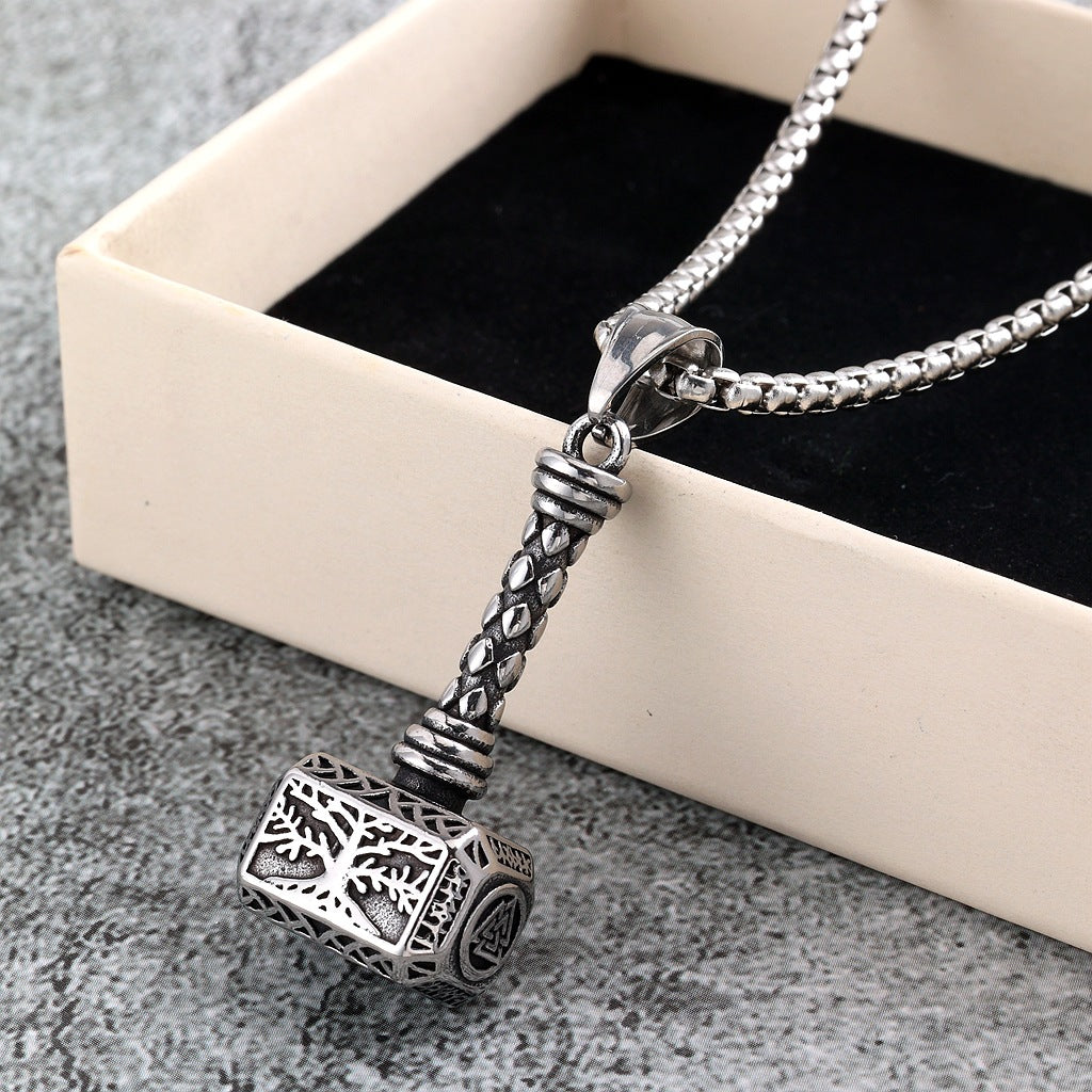 Men's Steel Hollow Tree Of Life Thor Hammer Pendant Necklace