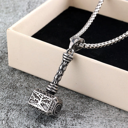 Men's Steel Hollow Tree Of Life Thor Hammer Pendant Necklace