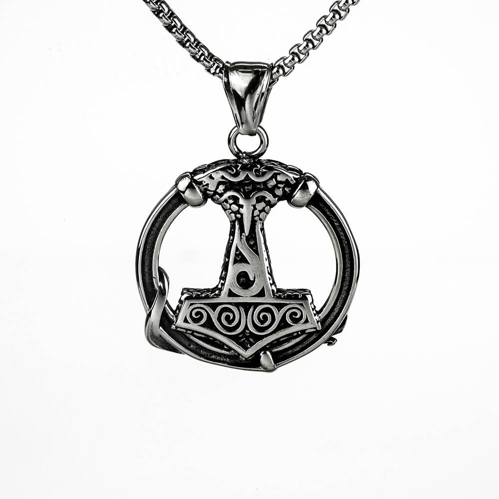 Vintage Stainless Steel Viking Thor's Hammer Round Pendant Necklace for Men