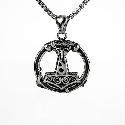 Vintage Stainless Steel Viking Thor's Hammer Round Pendant Necklace for Men