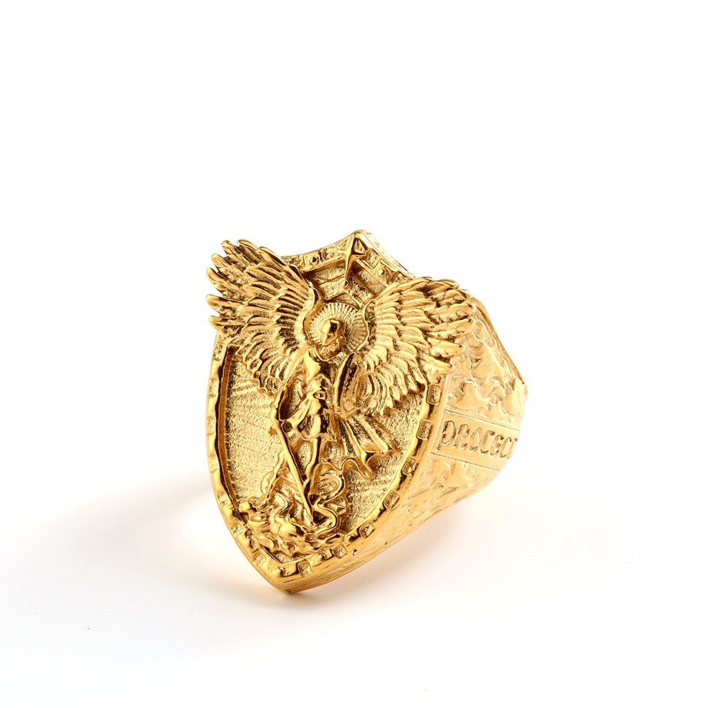 Vintage Solid Stainless Steel Punk St. Michael Dragon Slayer Ring for Men