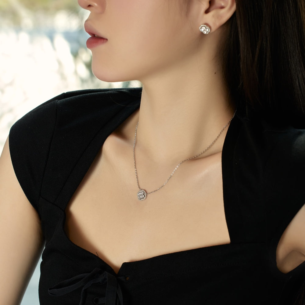 Women's Clover Flower Pendant Necklace, Inlaid Round Zirconia, S925 with White Gold Plating