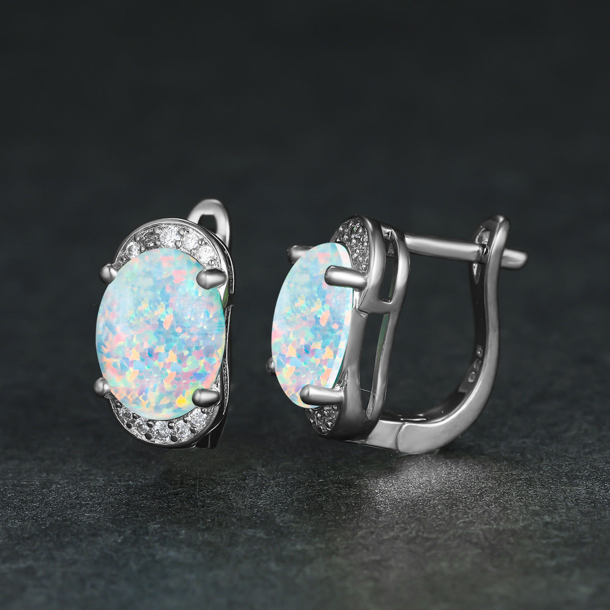 Women's Oval White & Blue Opal Halo Round Zirconia Huggie Earrings, with Gold Plating / with White Gold Plating