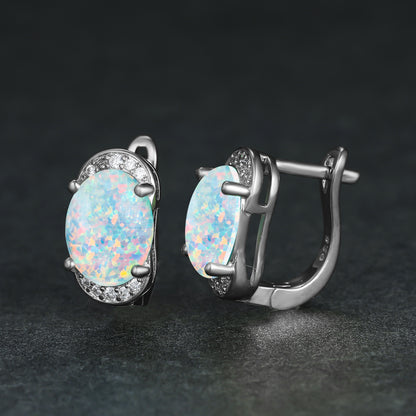 Women's Oval White & Blue Opal Halo Round Zirconia Huggie Earrings, with Gold Plating / with White Gold Plating