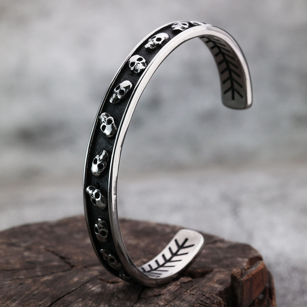 Vintage Punk Skull Stainless Steel Cuff Bracelet for Men, Biker Motorcycle Style Open C Bangle