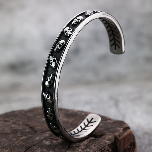 Vintage Punk Skull Stainless Steel Cuff Bracelet for Men, Biker Motorcycle Style Open C Bangle