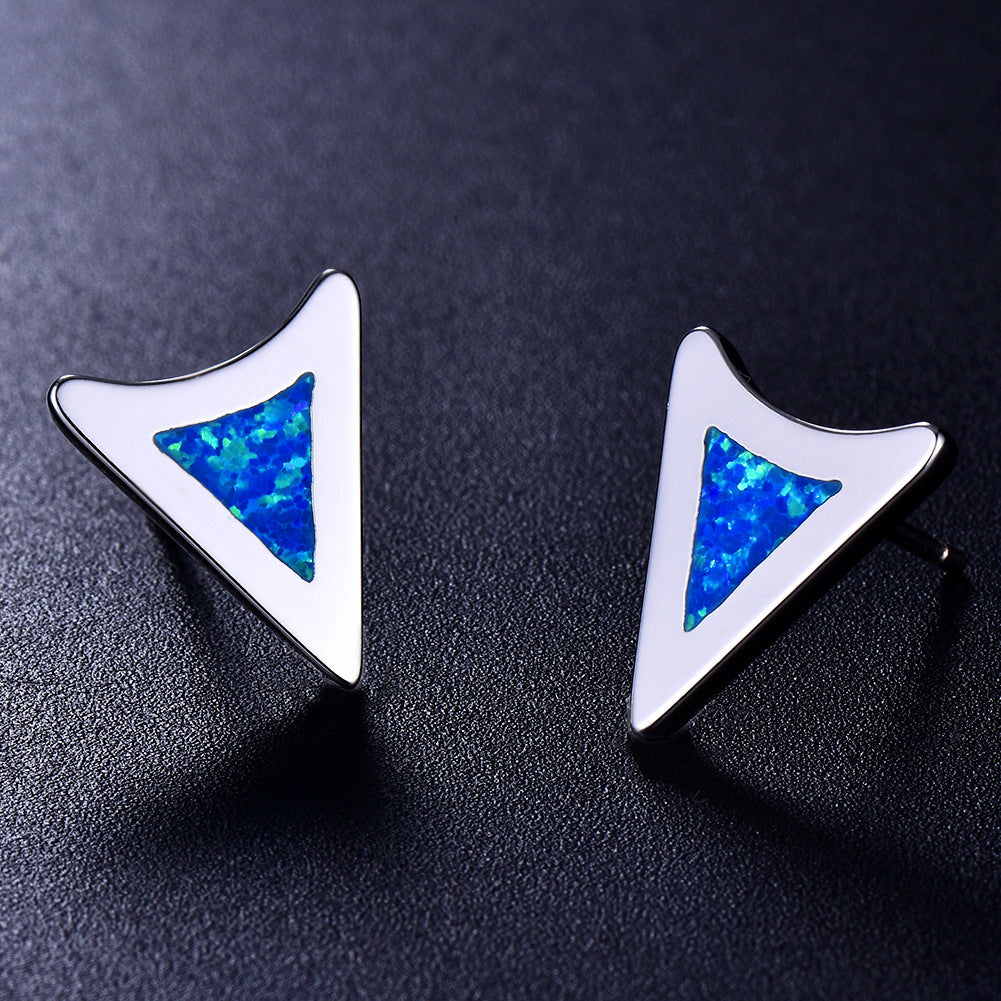 Women's Irregular Triangle Blue & White Opal Bezel Stud Earrings, White Gold Plating