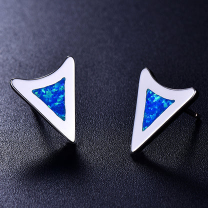 Women's Irregular Triangle Blue & White Opal Bezel Stud Earrings, White Gold Plating