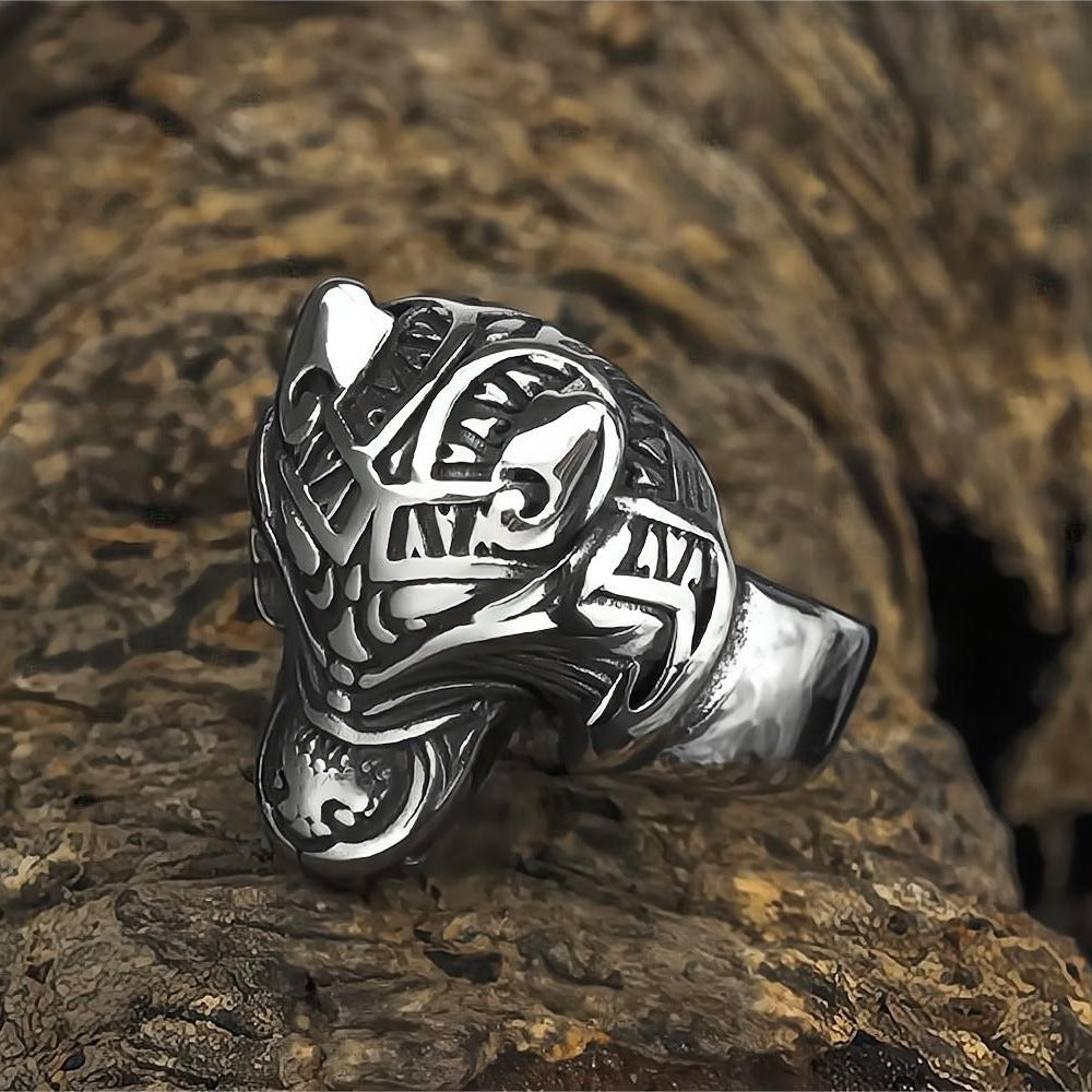 Vintage Solid Stainless Steel 3D Norse Viking Wolf Head Totem Wide Band Ring for Men