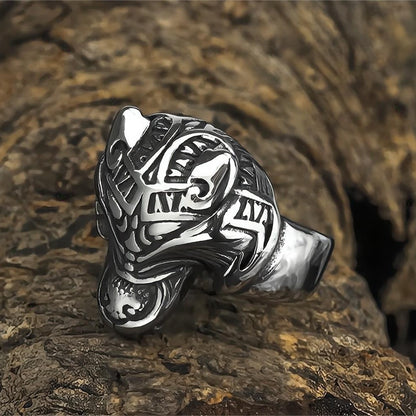Vintage Solid Stainless Steel 3D Norse Viking Wolf Head Totem Wide Band Ring for Men