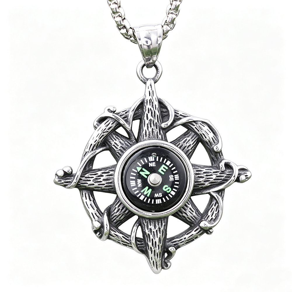Men's Steel Compass Anchor Pendant Necklace