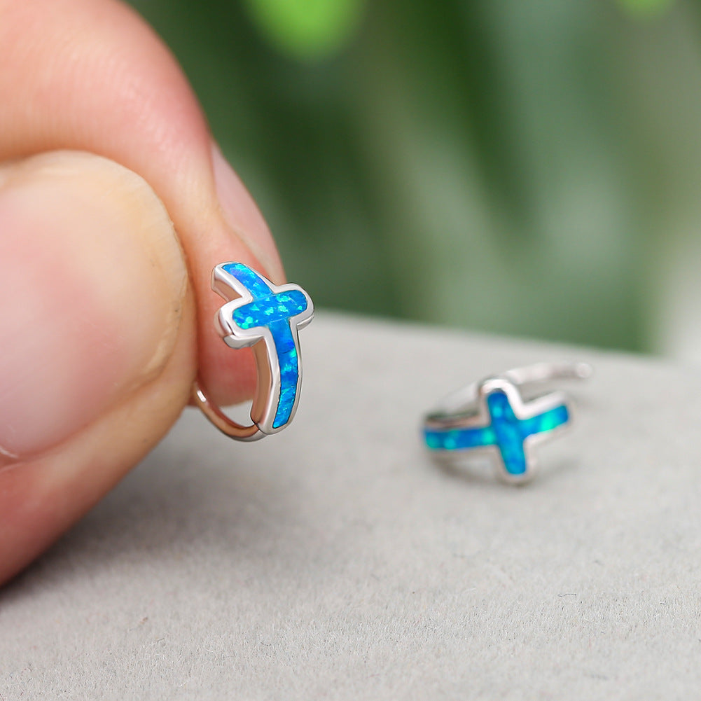 Women's Cross Opal C‑Shape Huggie Hoop Earrings, with White Gold Plating