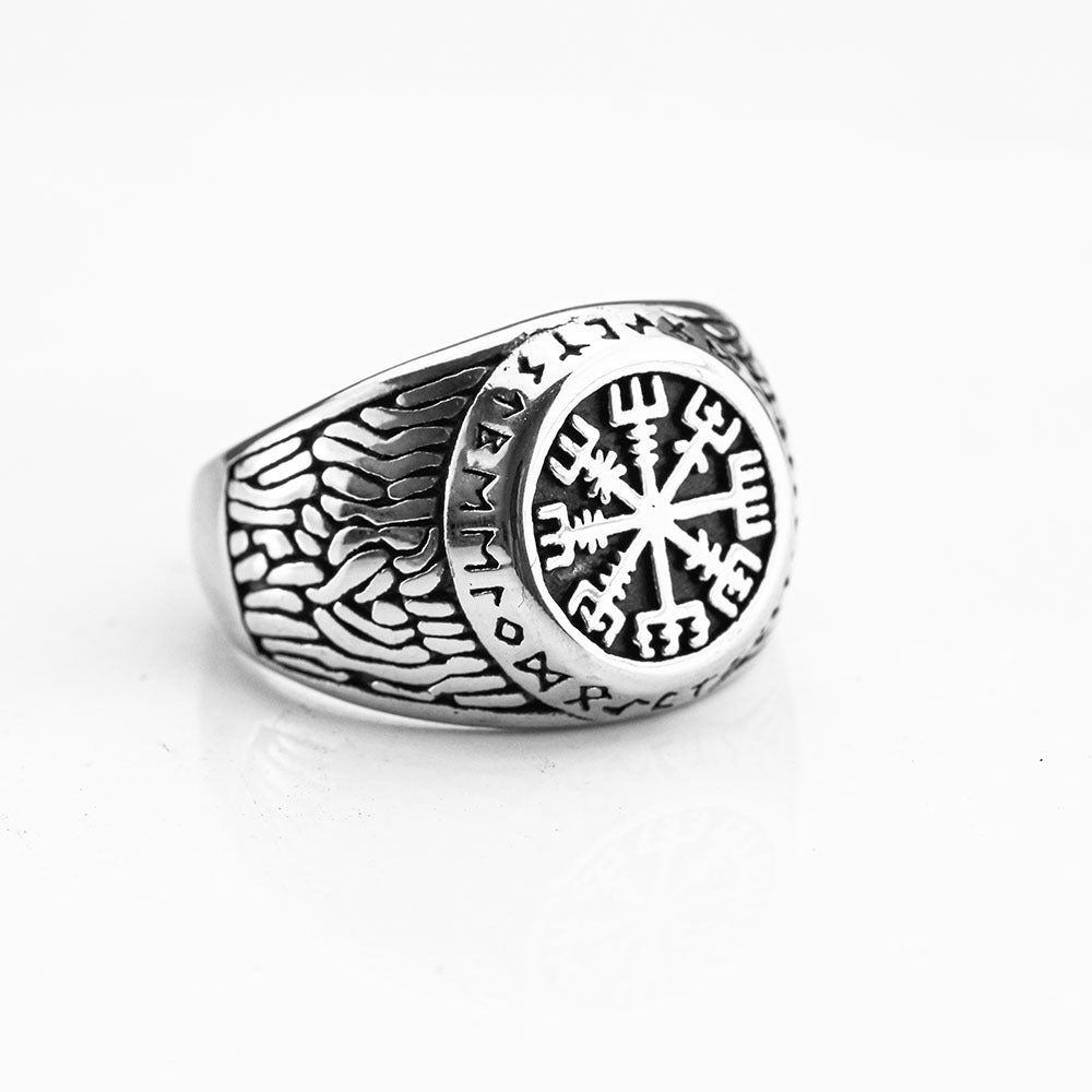 Vintage Solid Stainless Steel Viking Vegvisir Rune Band Ring for Men