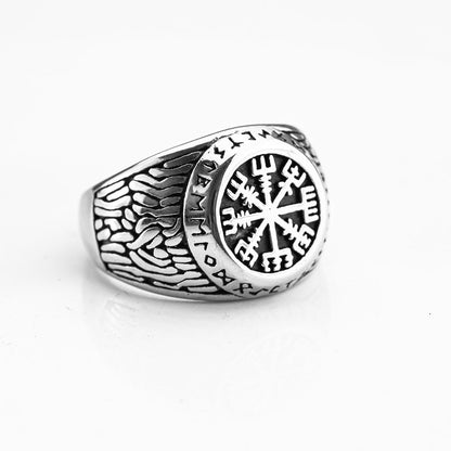 Vintage Solid Stainless Steel Viking Vegvisir Rune Band Ring for Men