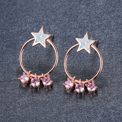 Women's Circle‑Hoop Star Blue & White Opal Dangle Zirconia Stud Earrings, White Gold Plating & Rose Gold Plating