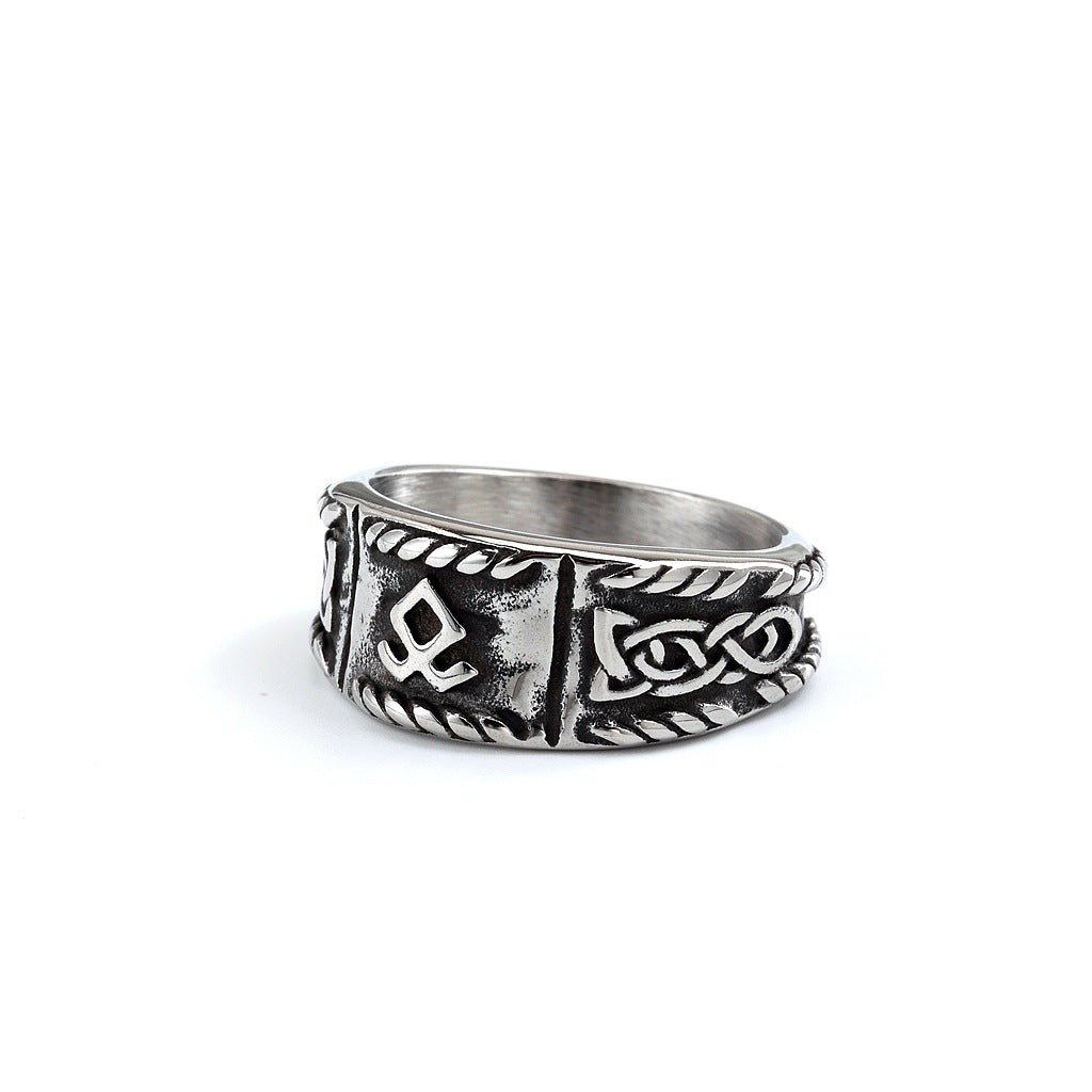 Vintage Solid Stainless Steel Viking Rune Round Ring for Men