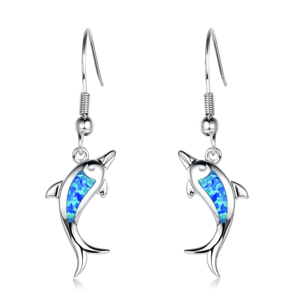 Women's Dolphin‑Shape Blue Opal Dangle Earrings, White Gold Plating