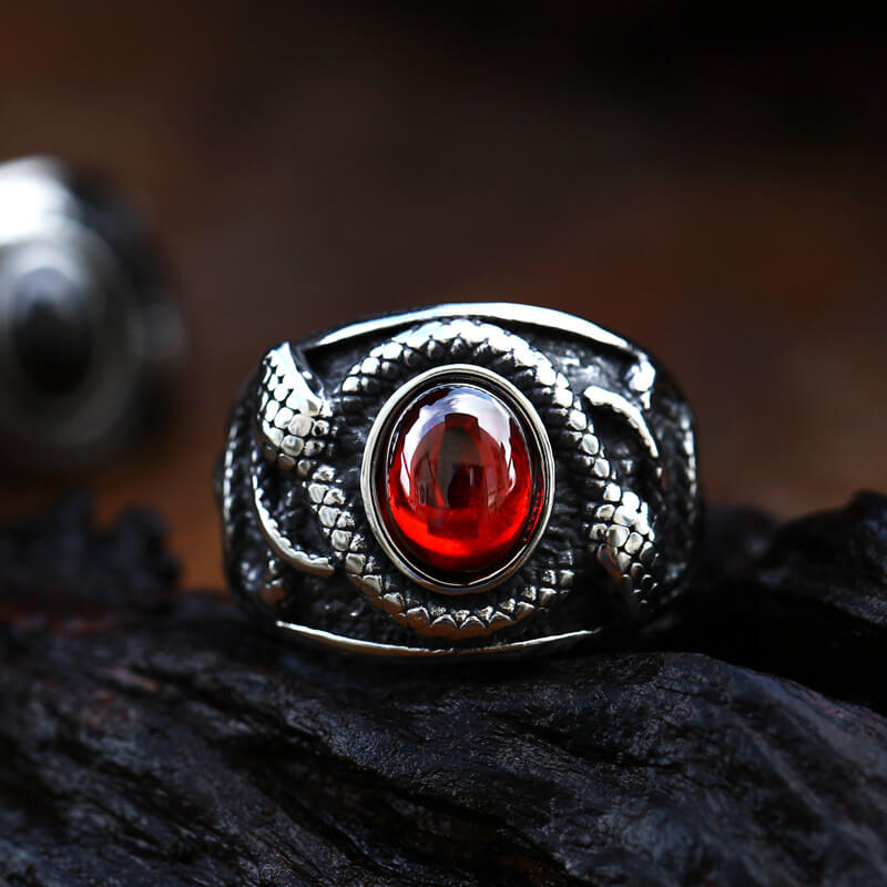 Vintage Solid Stainless Steel Double Snake Ring for Men Inlaid Red Synthetic Gemstone